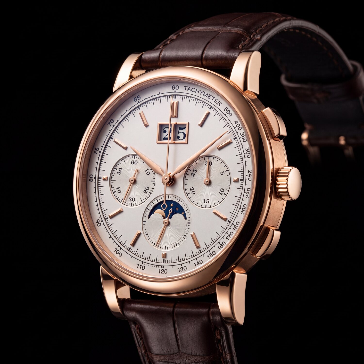 Chronographe à calendrier en or rose assemblé, cadran argenté