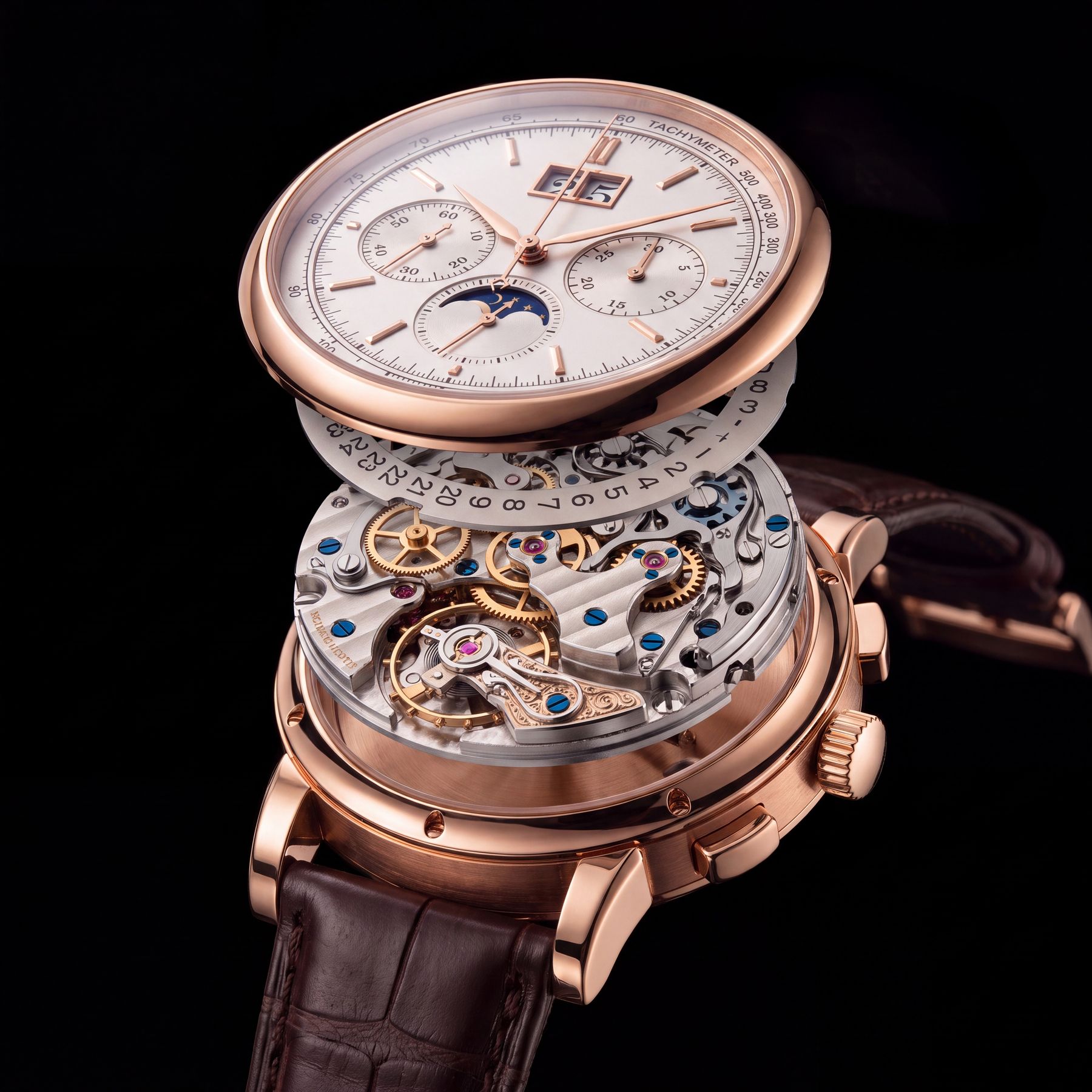 Cadran soulevé, disque de date et mouvement chronographe apparents